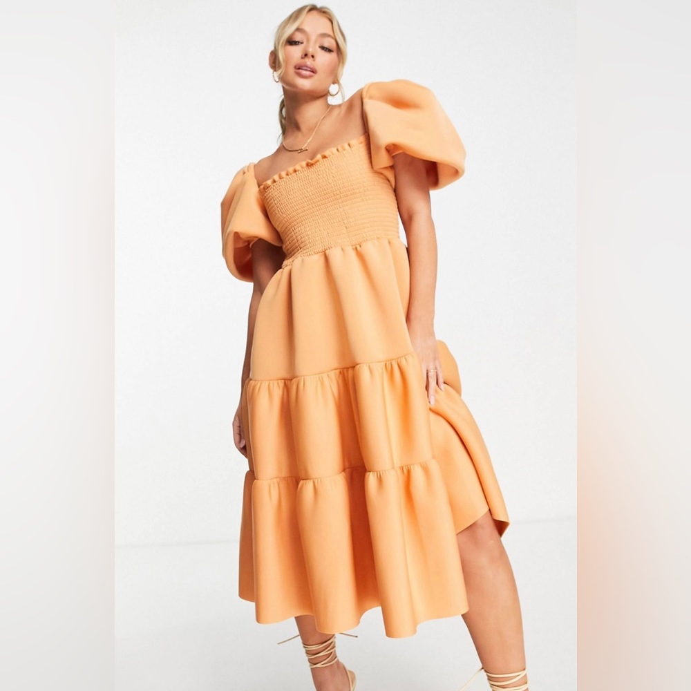 ASOS DESIGN shirred puff sleeve tiered prom midi dress in apricot. Size 8